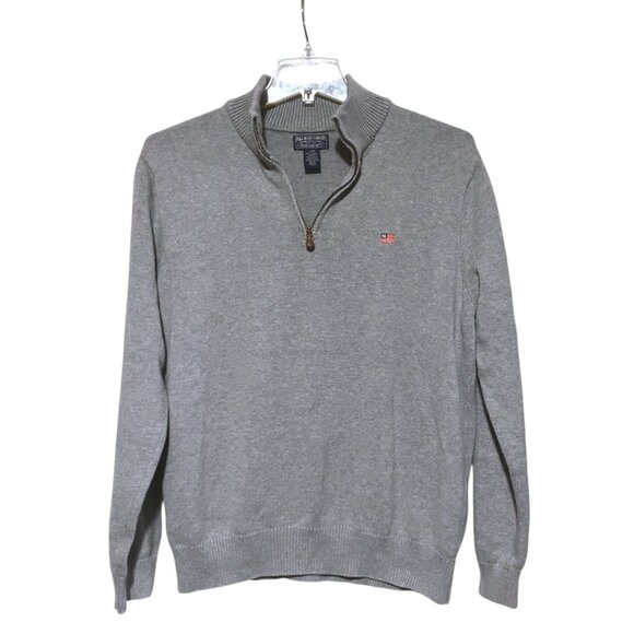 Y2K Polo Ralph Lauren Flag Quarter Zip Pullover L Gray Ribbed 100% Cotton SOFT - Picture 2 of 7